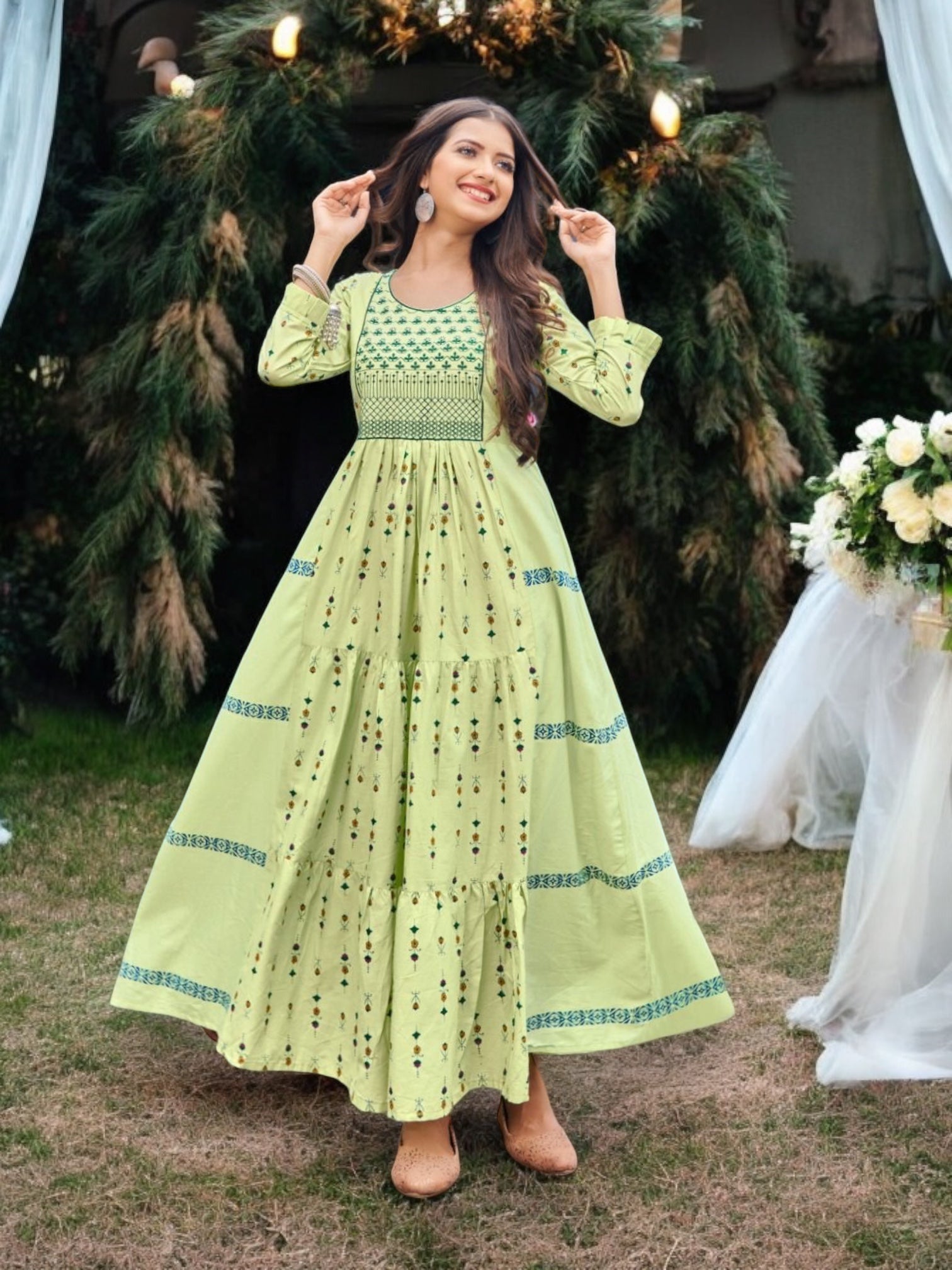 Traditional long frill gown salwar kameez for women, elegant ethnic wear by Saree Ghor Charlotte with intricate detailing.