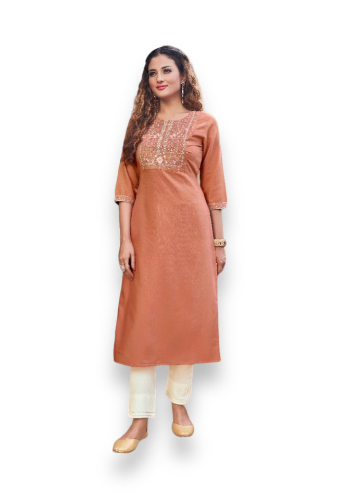 Kivi Liza designer rayon kurti with intricate embroidery, part of Saree Ghor Charlotte's salwar kameez collection.