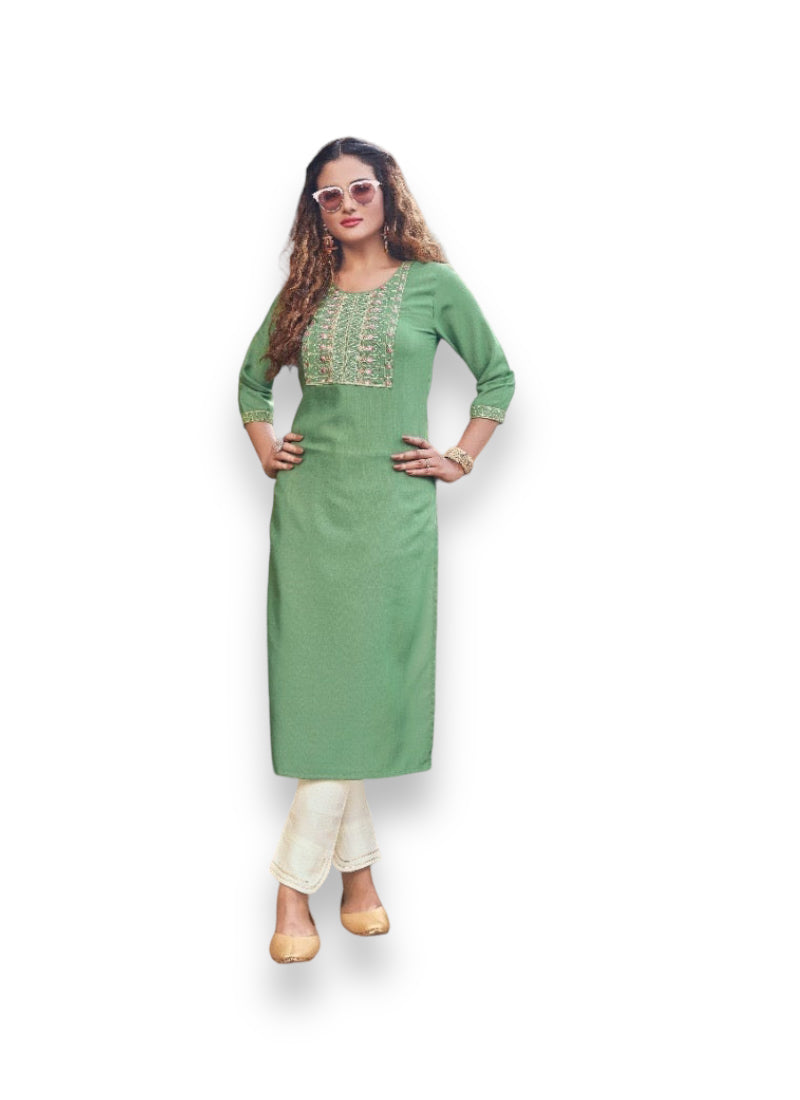 Traditional Kivi Liza rayon kurti with embroidery, cultural women's salwar kameez by Saree Ghor Charlotte, stylish ethnic wear.