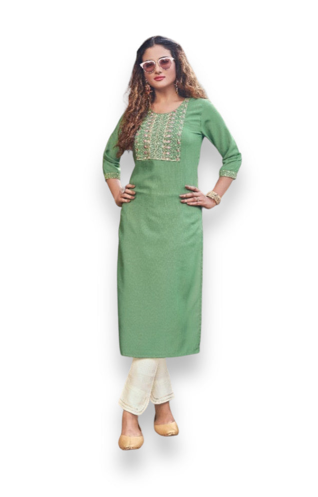 Kivi Liza traditional designer rayon kurti with embroidery for women, paired with salwar, from Saree Ghor Charlotte.