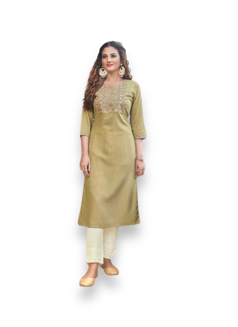 Traditional Kivi Liza rayon kurti with embroidery work, cultural women’s salwar kameez by Saree Ghor Charlotte.