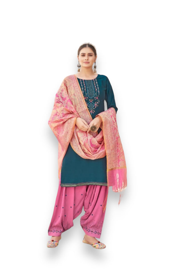 Luxe Silk Salwar Suit by Saree Ghor Charlotte featuring elegant Sunheri design, traditional salwar kameez with stylish comfort.
