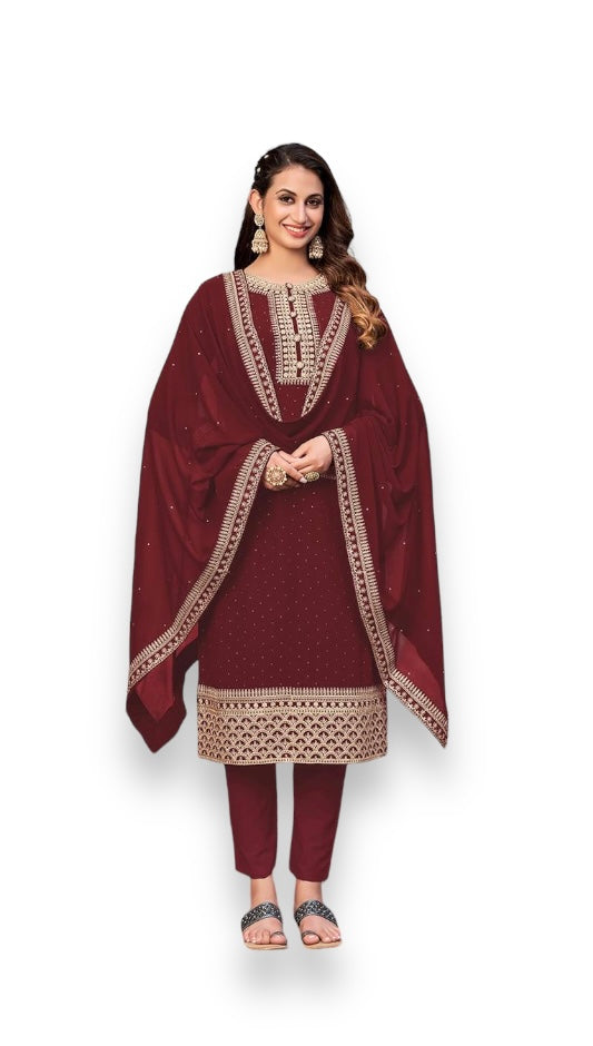 Regal Maroon faux georgette salwar kameez with embroidery work, straight suit for women, ethnic wear by Saree Ghor Charlotte