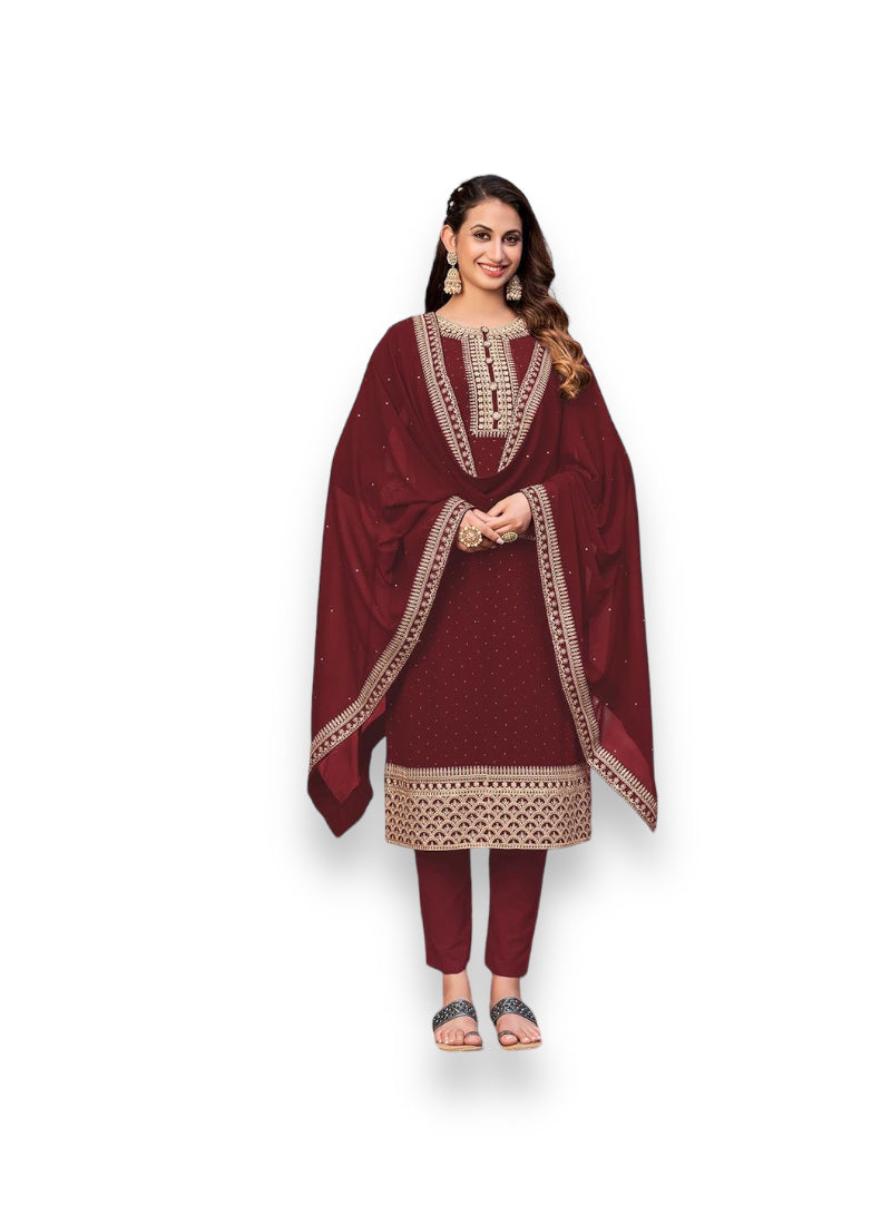 Regal Maroon faux georgette salwar kameez with intricate embroidery, straight suit for women, traditional ethnic wear by Saree Ghor Charlotte