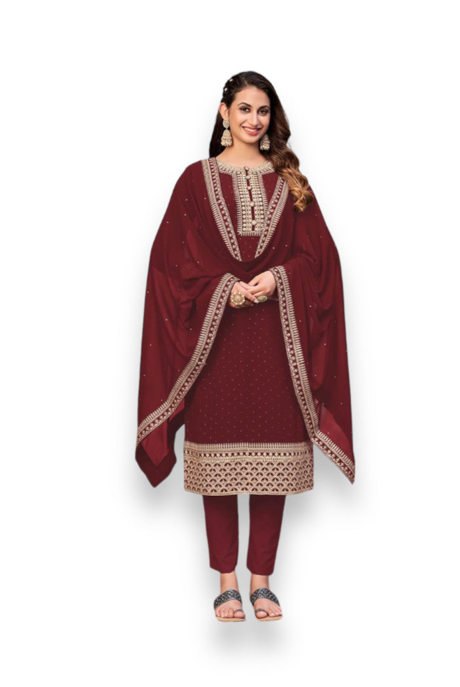 Regal Maroon faux georgette salwar kameez with intricate embroidery work, straight suit for women, traditional cultural wear.