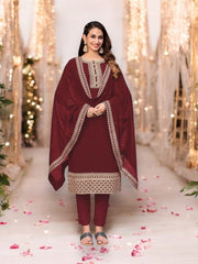 Regal Maroon faux georgette salwar kameez with intricate embroidery, straight suit style, for women's cultural and ethnic wear.
