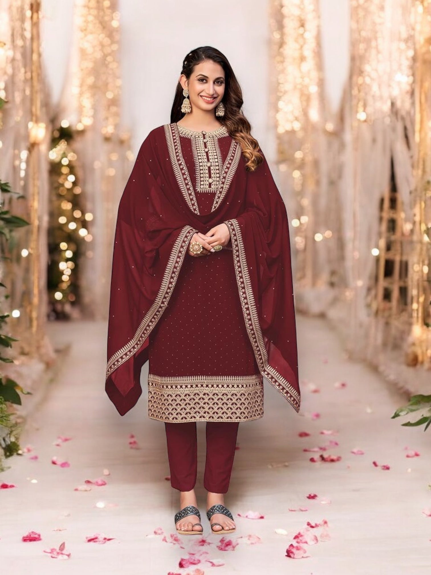 Regal Maroon faux georgette salwar kameez with intricate embroidery, straight suit style, for women's cultural and ethnic wear.