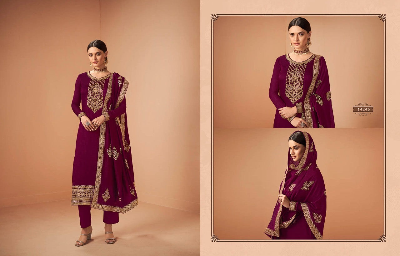 Traditional blooming silk georgette Salwar Kameez for women by Saree Ghor Charlotte, shown with intricate embroidery and vibrant colors.