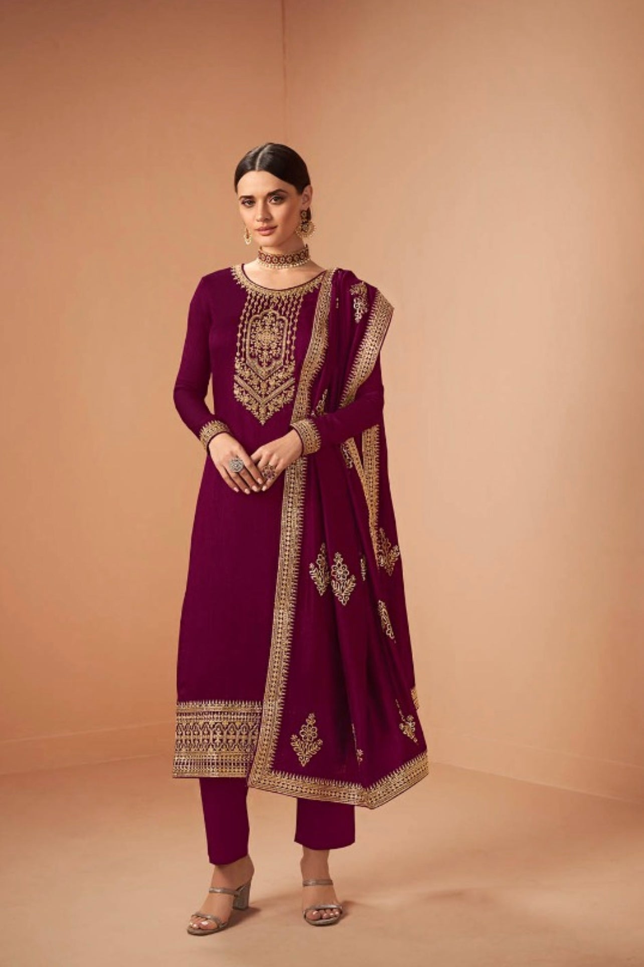 Traditional silk georgette Salwar Kameez for women, featuring floral designs and intricate embroidery, by Saree Ghor Charlotte.