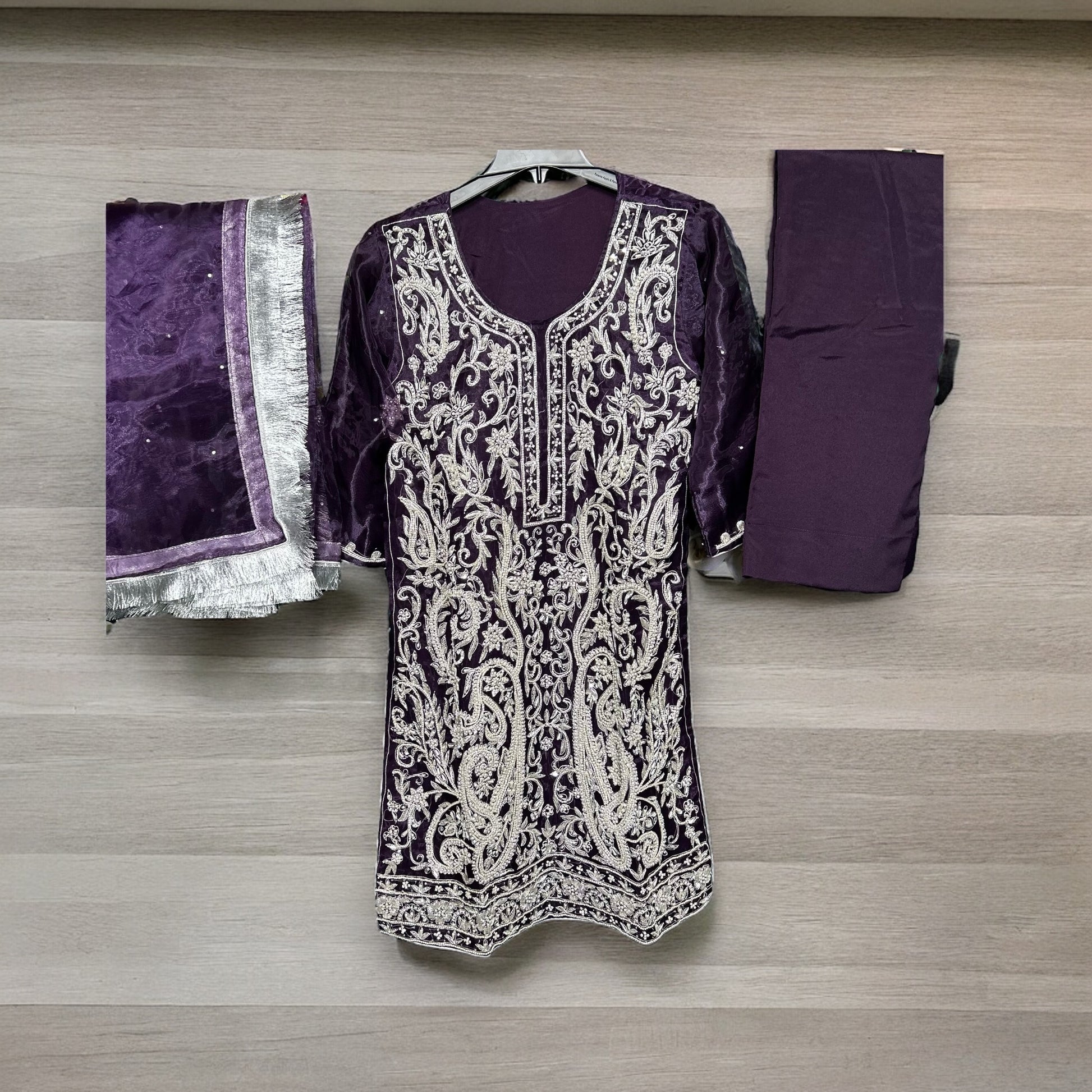 Traditional designer handwork Salwar Kameez ensemble by Saree Ghor Charlotte, ethnic women’s cultural wear with intricate details.