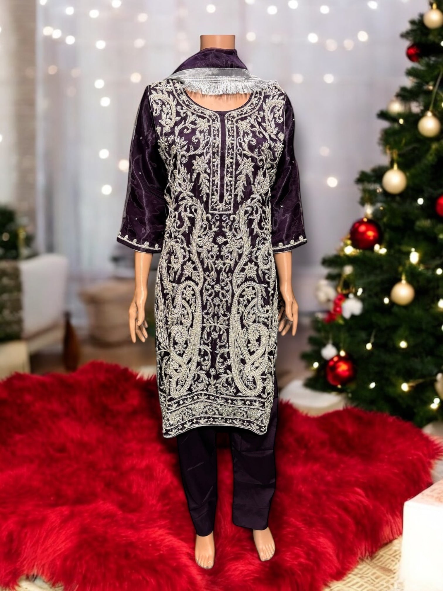 Traditional designer handwork Salwar Kameez ensemble for women by Saree Ghor Charlotte, featuring intricate embroidery and ethnic style.