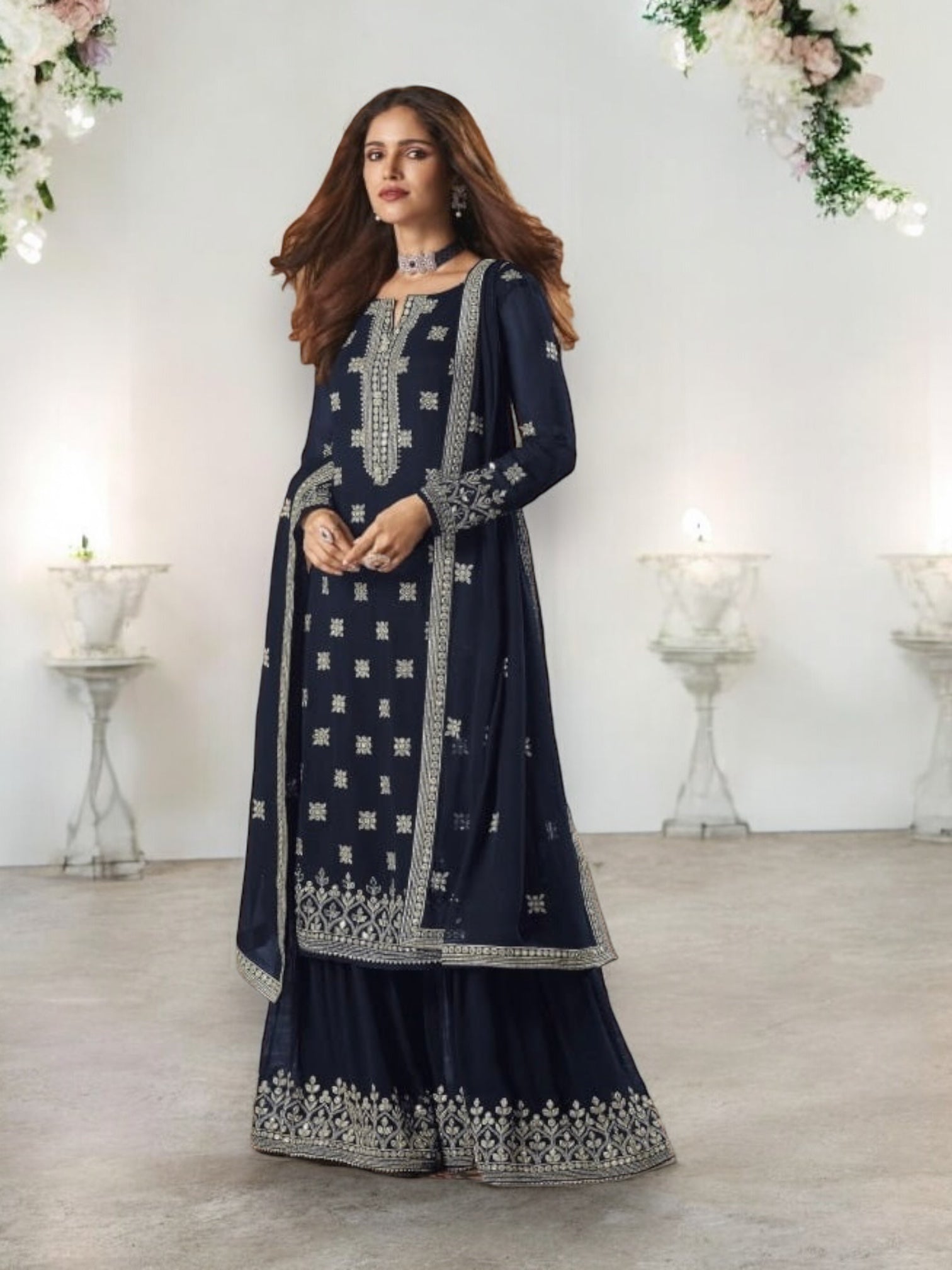 Traditional faux georgette salwar kameez with embroidery for women, ethnic wear by Saree Ghor Charlotte.