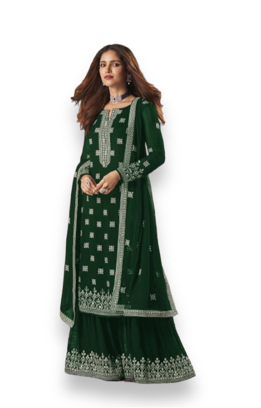 Traditional faux Georgette Salwar Kameez with embroidery, ethnic wear for women, featuring intricate designs and vibrant colors.