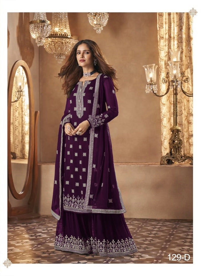 Traditional Faux Georgette Salwar Kameez with embroidery in vibrant colors, showcasing intricate ethnic design for women.