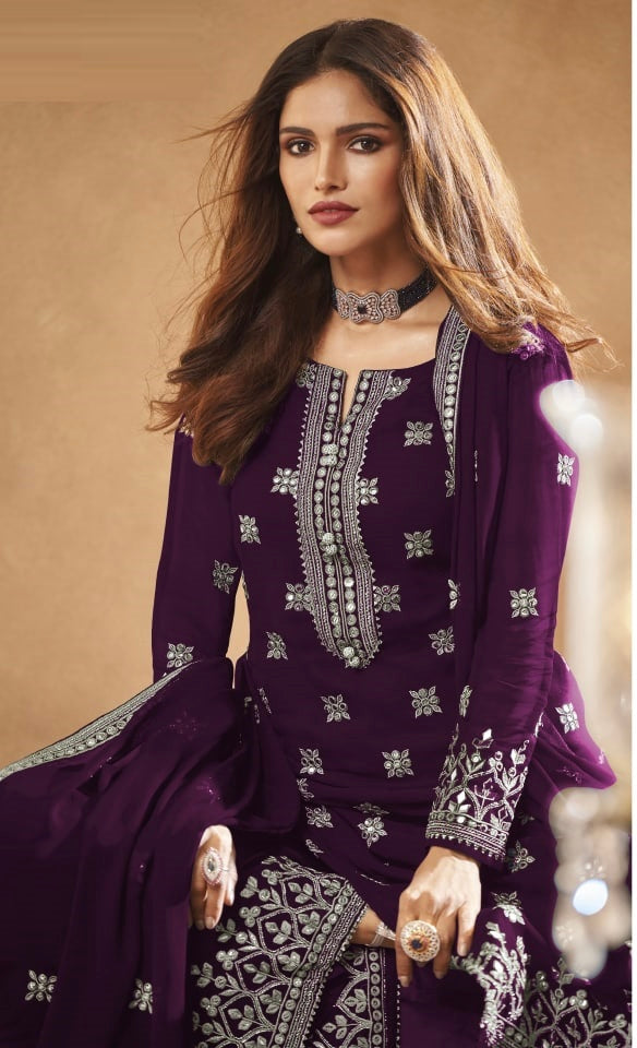 Traditional faux georgette salwar suit with embroidery for women, showcasing intricate designs and elegant ethnic wear.
