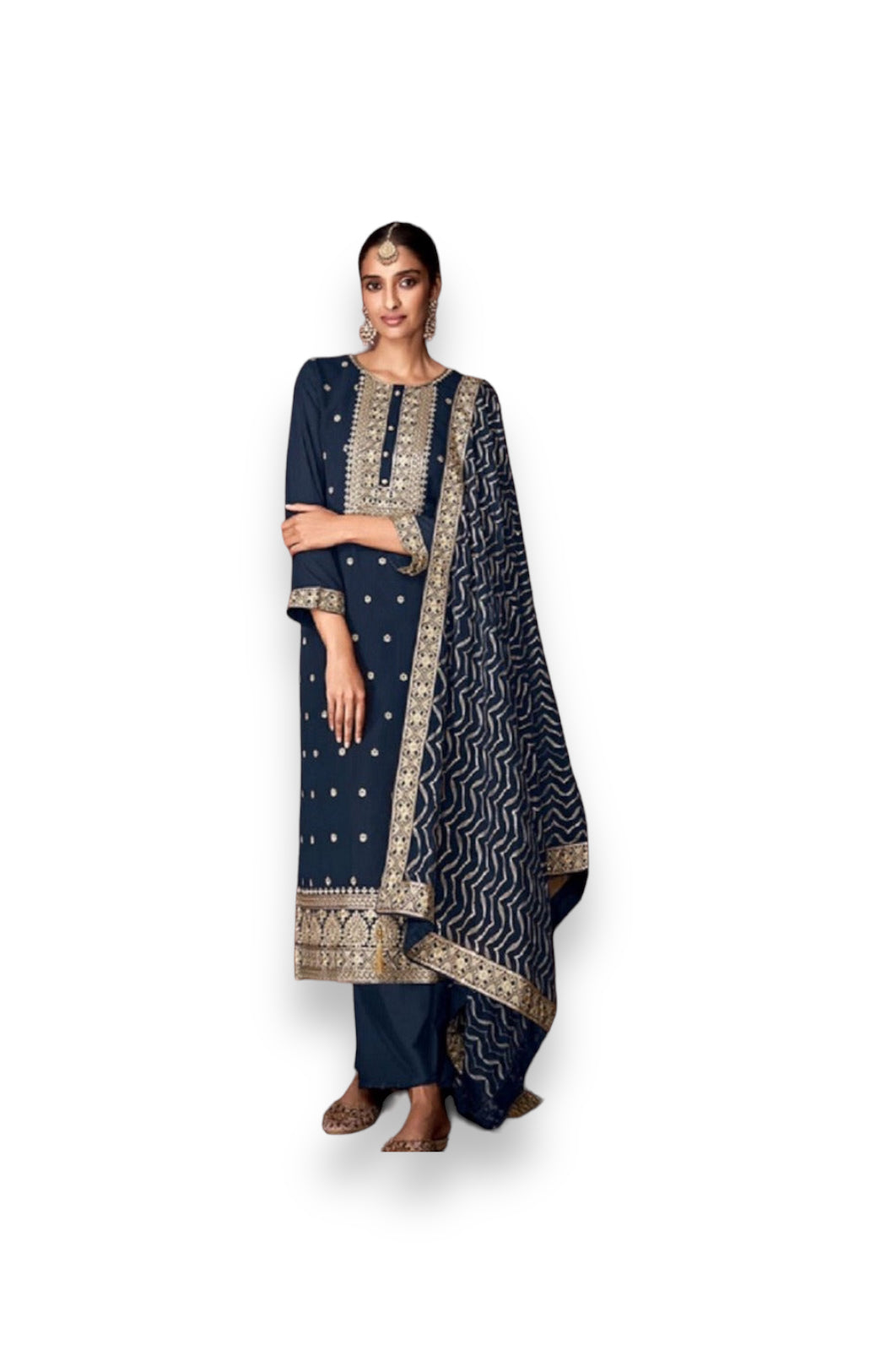 Traditional navy blue faux georgette salwar kameez with intricate embroidery, ethnic wear for women by Saree Ghor Charlotte.