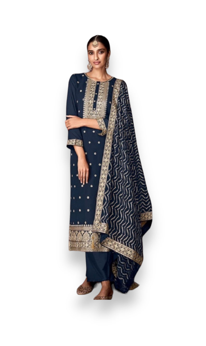 Traditional navy blue faux georgette salwar suit with intricate embroidery, ethnic wear for women, by Saree Ghor Charlotte.