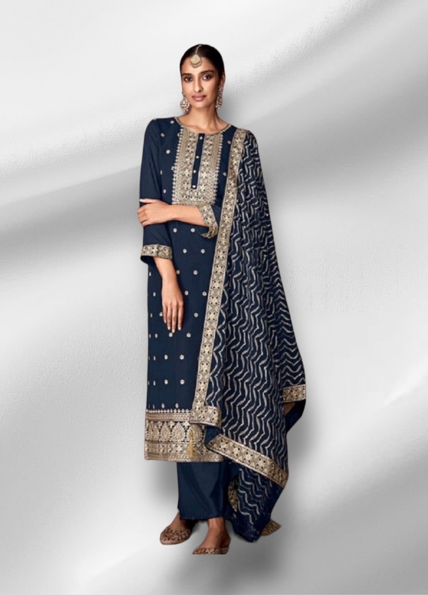 Traditional navy blue faux georgette salwar kameez with intricate embroidery, ethnic wear for women by Saree Ghor Charlotte.