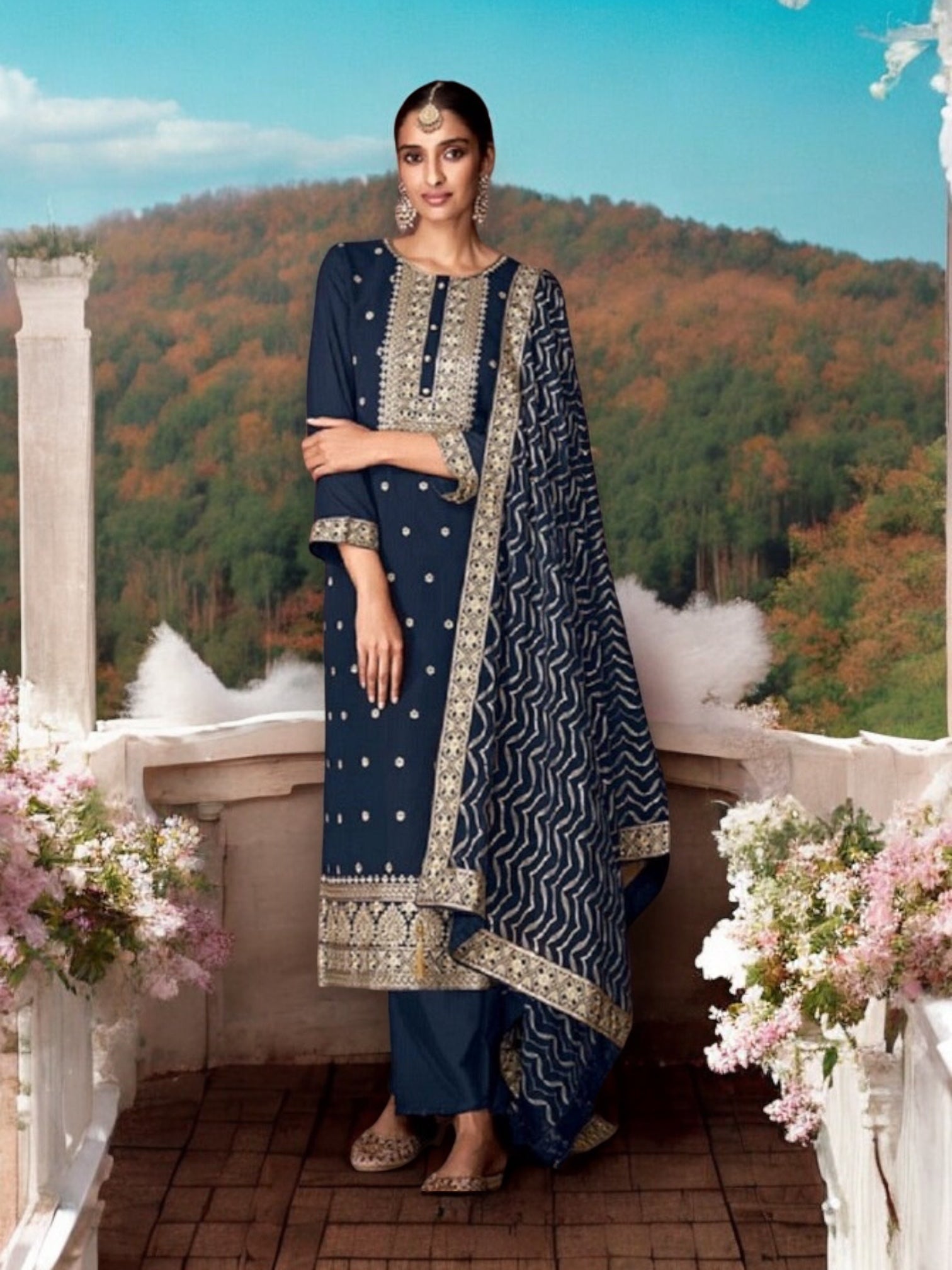 Traditional navy blue faux georgette salwar suit with intricate embroidery, ethnic wear for women, by Saree Ghor Charlotte.