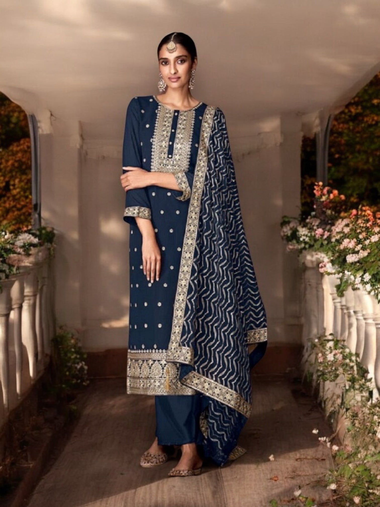 Traditional navy blue faux georgette salwar suit with intricate embroidery, ethnic wear for women by Saree Ghor Charlotte.