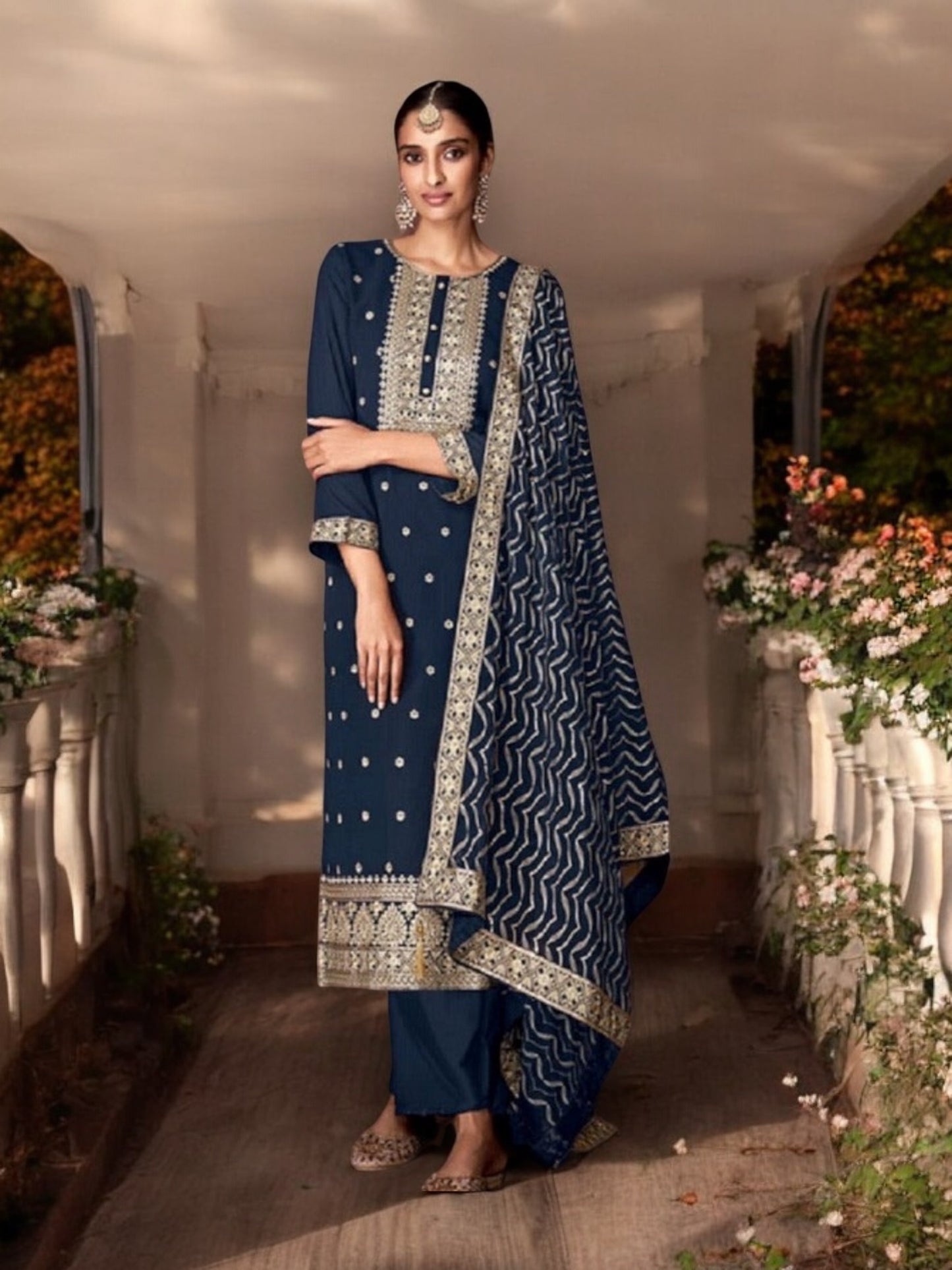 Traditional Navy Blue Faux Georgette Salwar Suit with Intricate Embroidery-Ethnic Wear for Women - Saree Ghor Charlotte