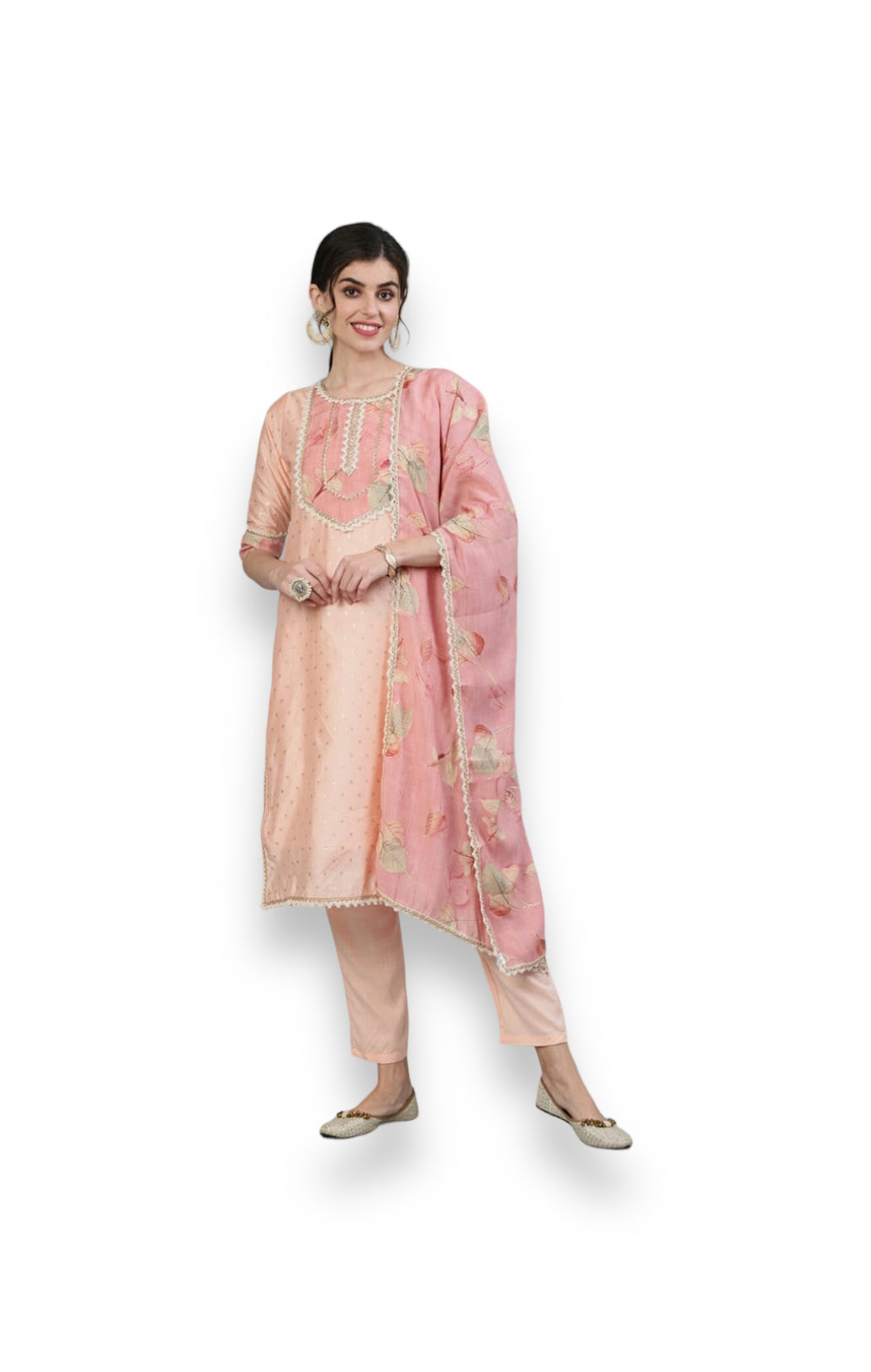 Traditional peach embroidered cotton Salwar Kameez for women, showcasing intricate embroidery and cultural style from Saree Ghor Charlotte.