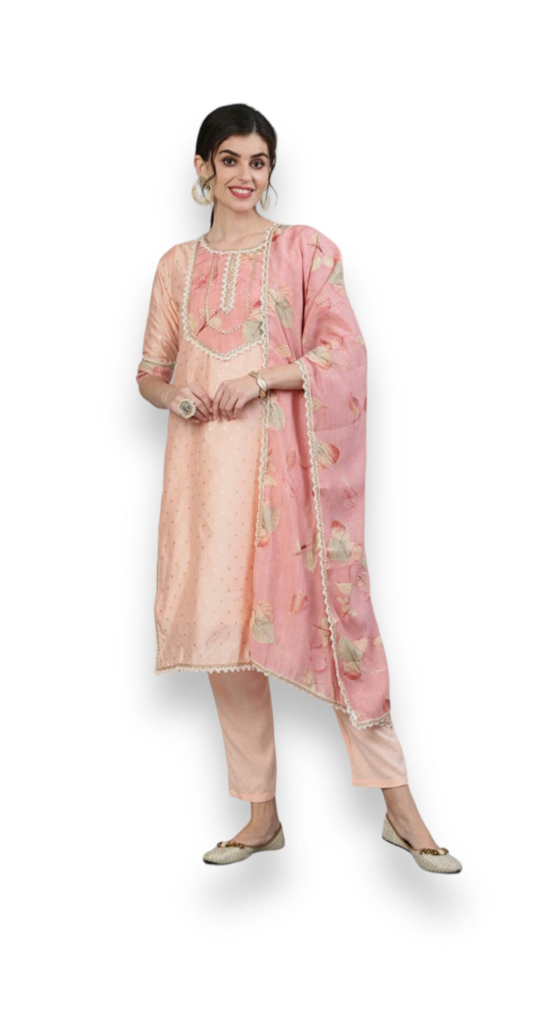 Traditional peach embroidery cotton salwar suit for women, showcasing intricate embroidery and cultural elegance.