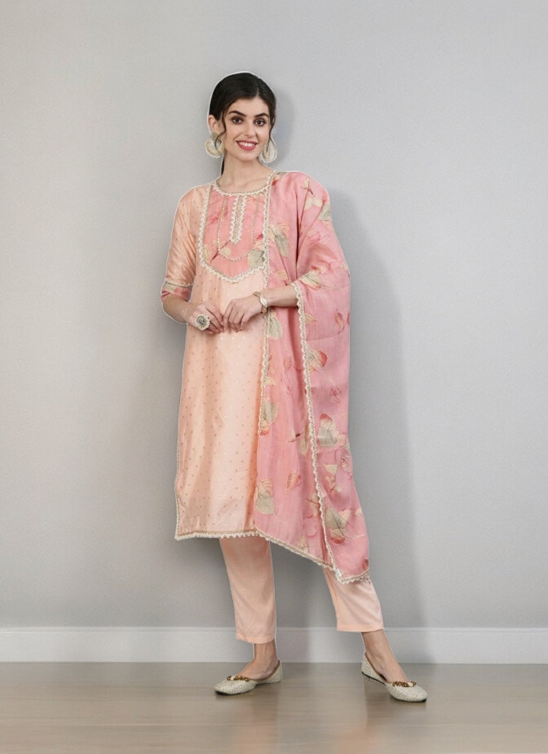Traditional peach embroidery cotton salwar suit for women, featuring intricate work and cultural style from Saree Ghor Charlotte.