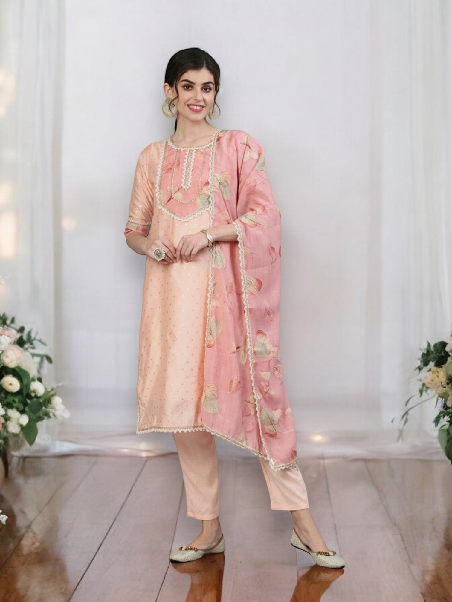 Traditional peach embroidery cotton salwar suit for women, featuring intricate embroidery and cultural style, by Saree Ghor Charlotte.