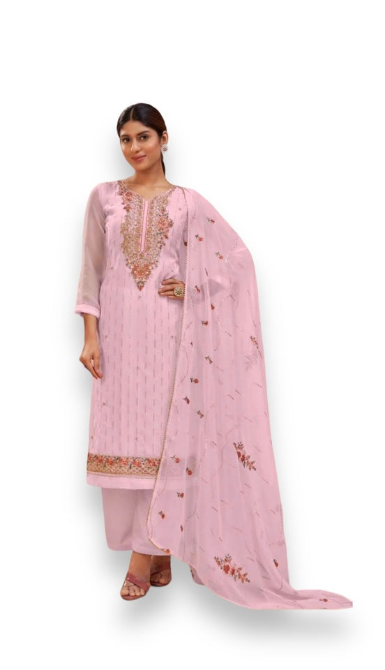 Traditional pink georgette salwar kameez by Saree Ghor Charlotte, heavy festive wear for women, with intricate ethnic details.