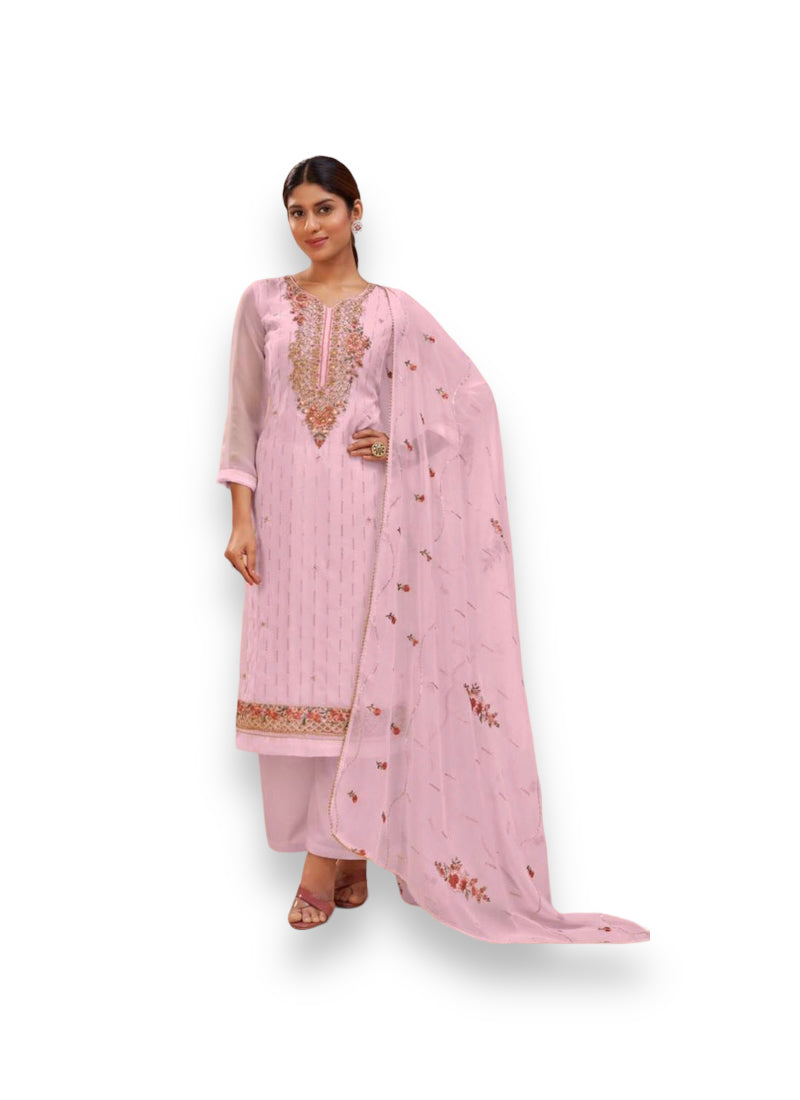 Traditional pink georgette salwar kameez by Saree Ghor Charlotte, festive ethnic wear for women with intricate embroidery.