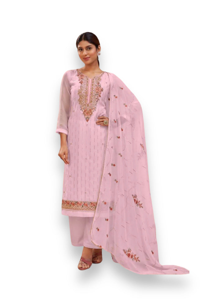 Traditional pink georgette salwar suit for women, heavy festive wear by Saree Ghor Charlotte, with intricate ethnic embroidery.