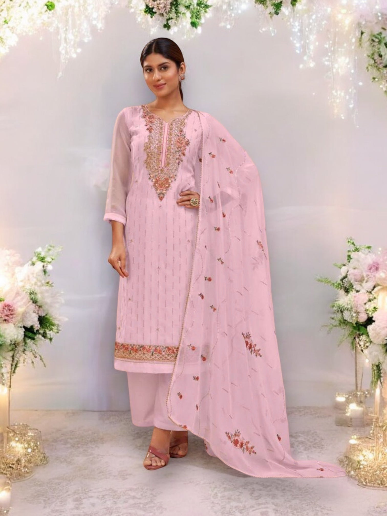 Traditional pink heavy georgette salwar kameez by Saree Ghor Charlotte, showcasing festive ethnic wear for women.