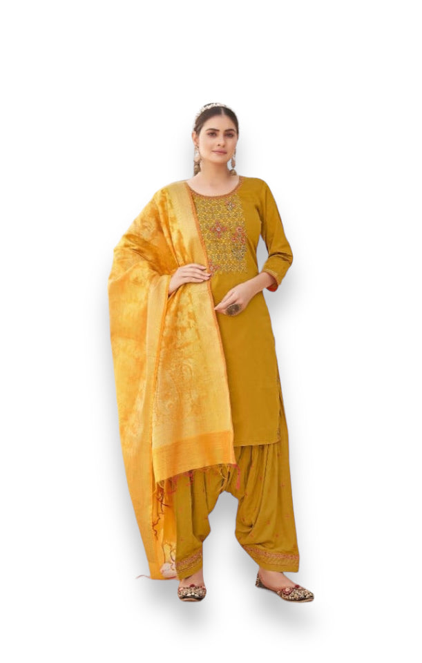 Traditional silk Salwar Kameez by Saree Ghor Charlotte featuring intricate embroidery and vibrant colors for cultural women’s wear.
