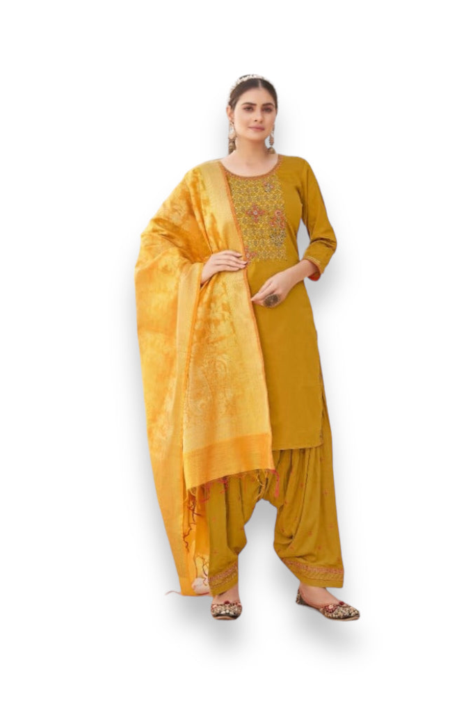 Traditional silk Salwar Kameez by Saree Ghor Charlotte, featuring intricate ethnic embroidery and vibrant colors for women.