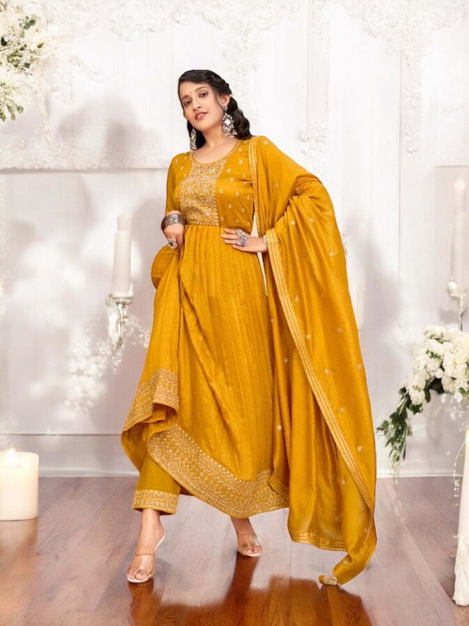 Traditional Vichitra Silk Salwar Kameez with fancy work, cultural wear for women, by Saree Ghor Charlotte.