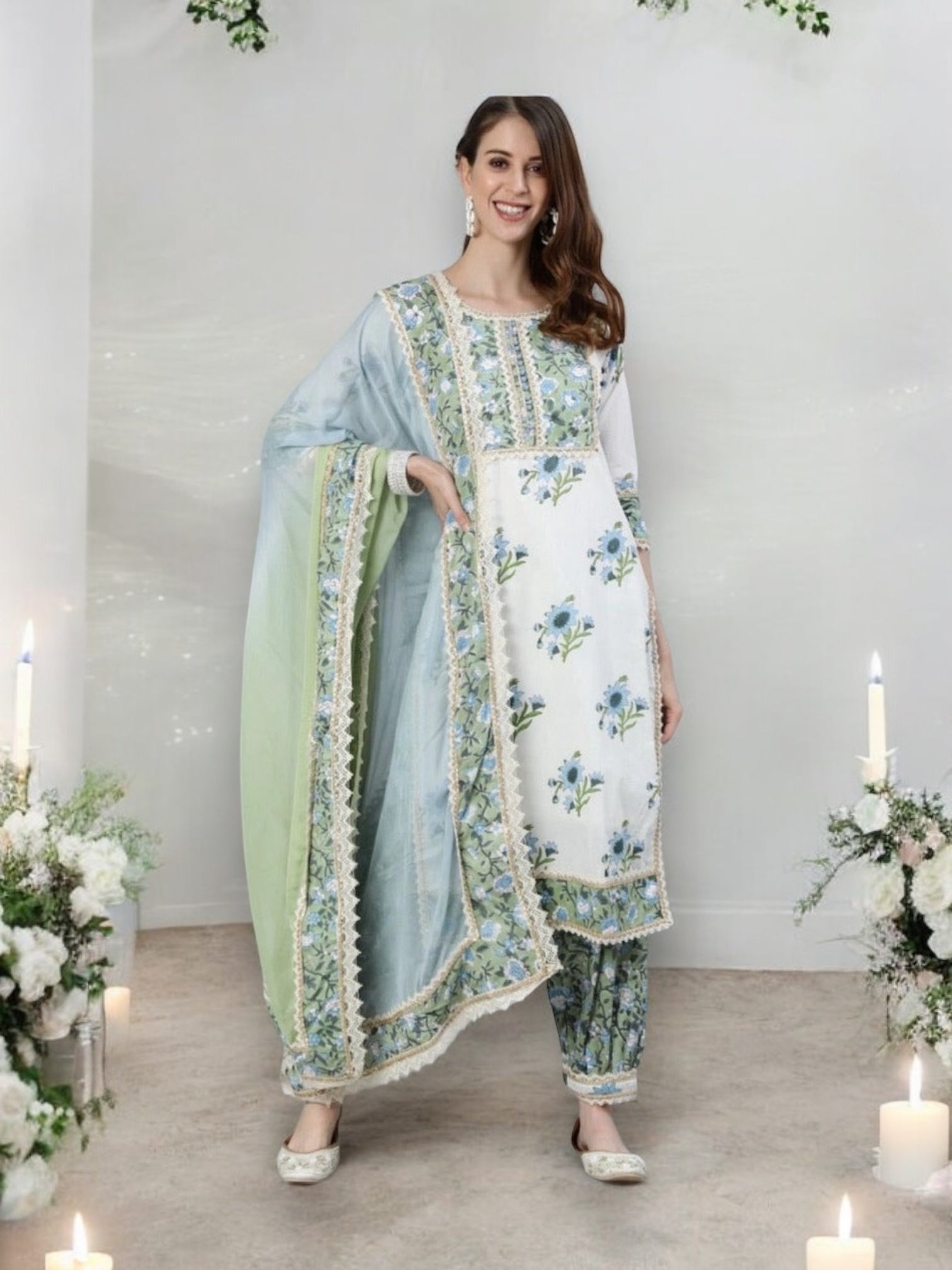 Traditional white embroidery cotton salwar kameez for women, ethnic wear by Saree Ghor Charlotte, showcasing intricate embroidery work.