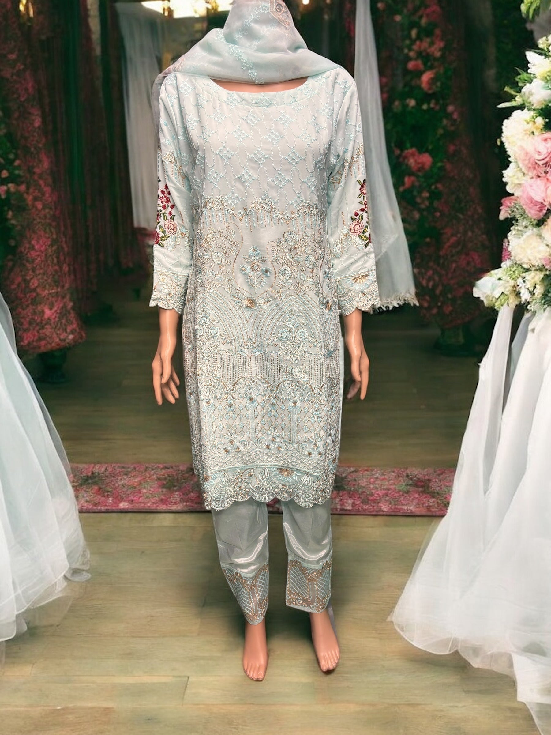 Sky blue Georgette salwar kameez with intricate embroidery for women, traditional ethnic wear by Saree Ghor Charlotte.