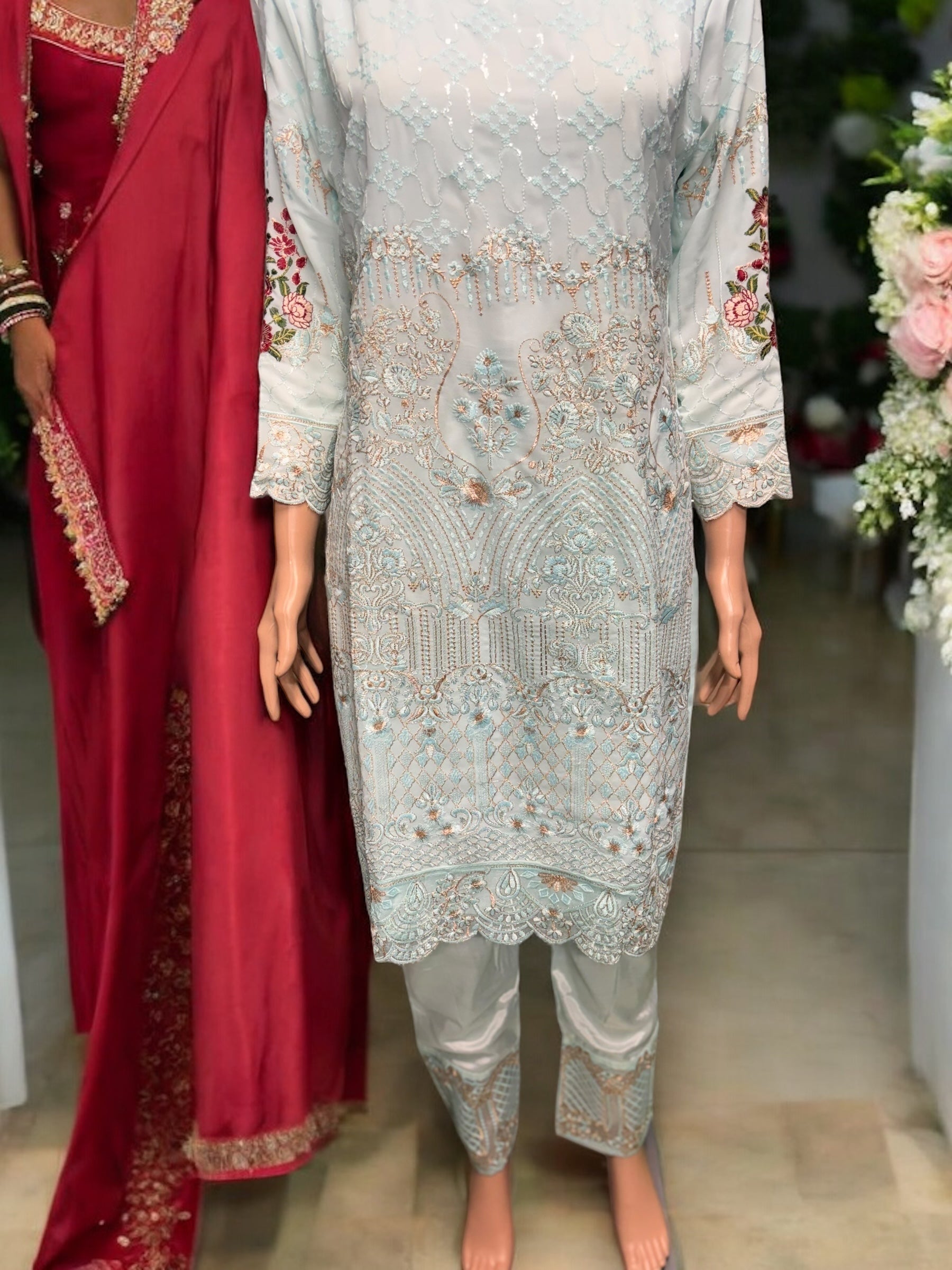 Sky blue georgette salwar kameez with intricate embroidery work, traditional ethnic wear for women by Saree Ghor Charlotte.