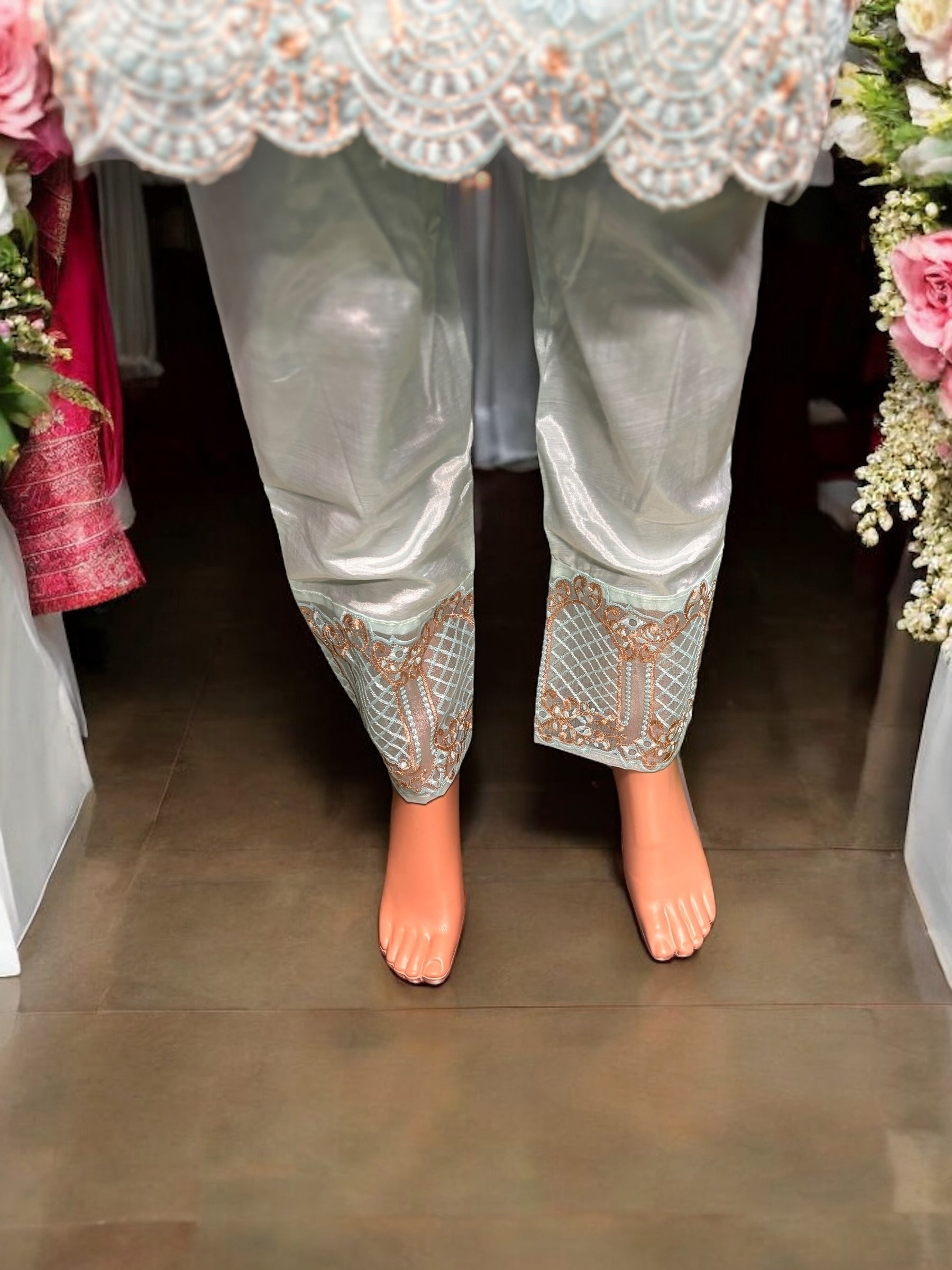 Sky blue georgette salwar kameez with intricate embroidery work, traditional ethnic wear for women by Saree Ghor Charlotte.