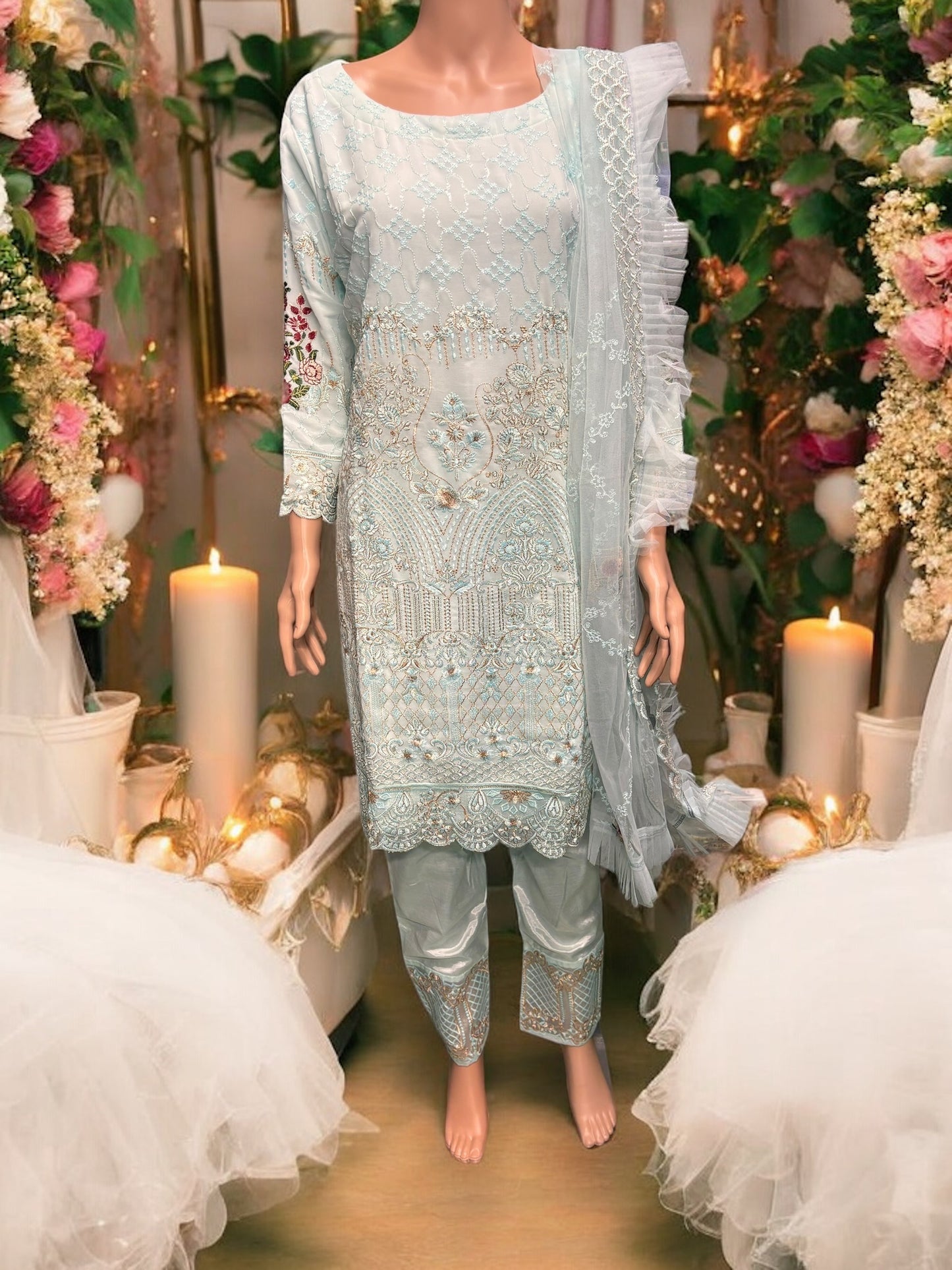 Sky Blue Georgette Suit with Embroidery Work- Ethnic Wear for Women - Saree Ghor Charlotte