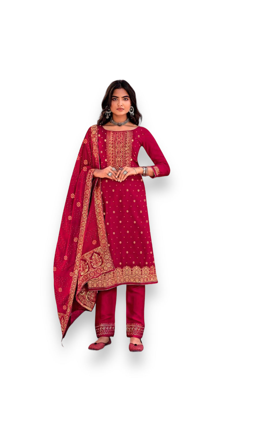 Traditional designer silk salwar kameez for women by Saree Ghor Charlotte, showcasing elegant ethnic wear with intricate patterns.