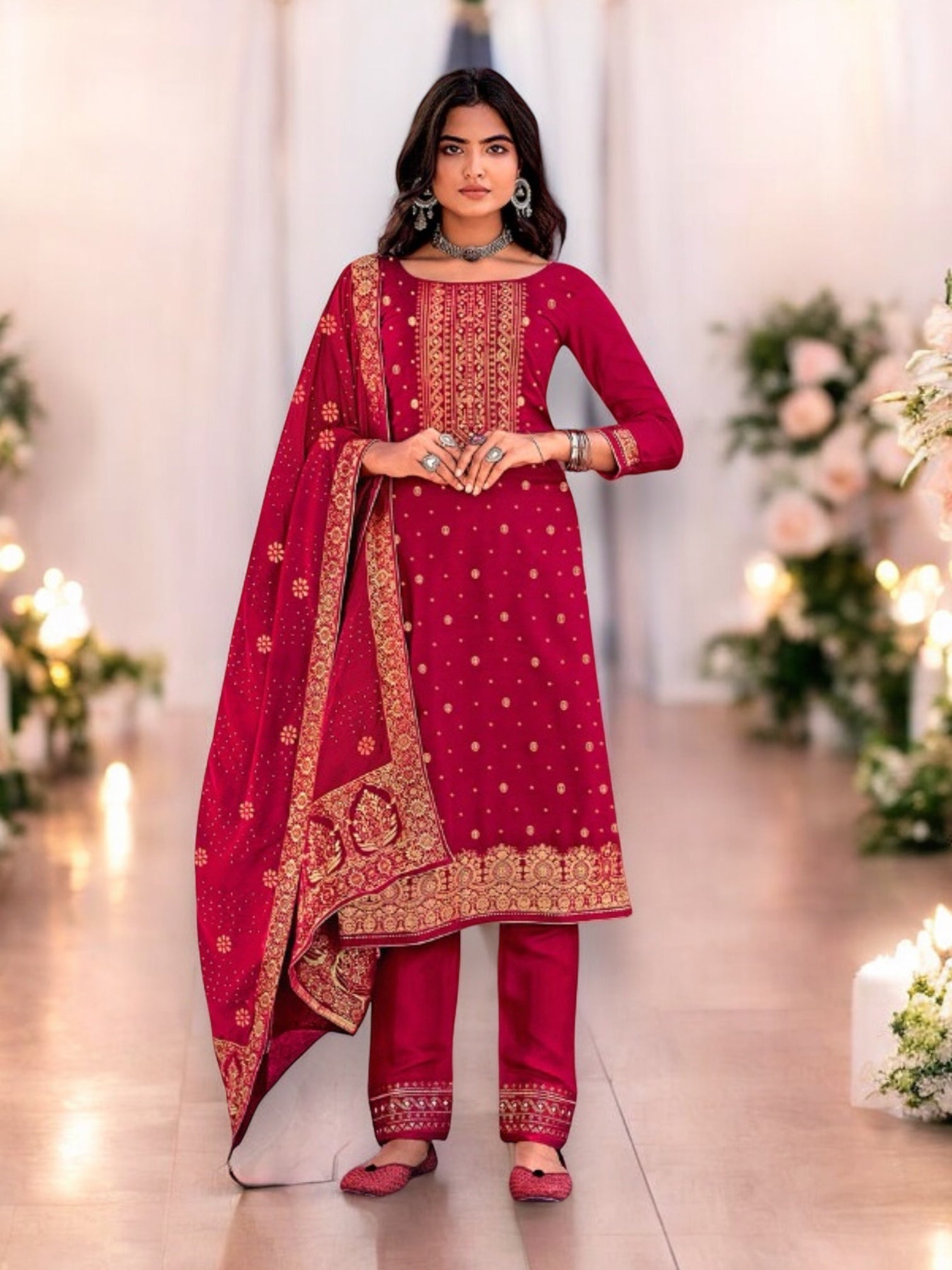 Traditional designer silk salwar kameez by Saree Ghor Charlotte, ethnic women’s wear with intricate embroidery and vibrant fabric.