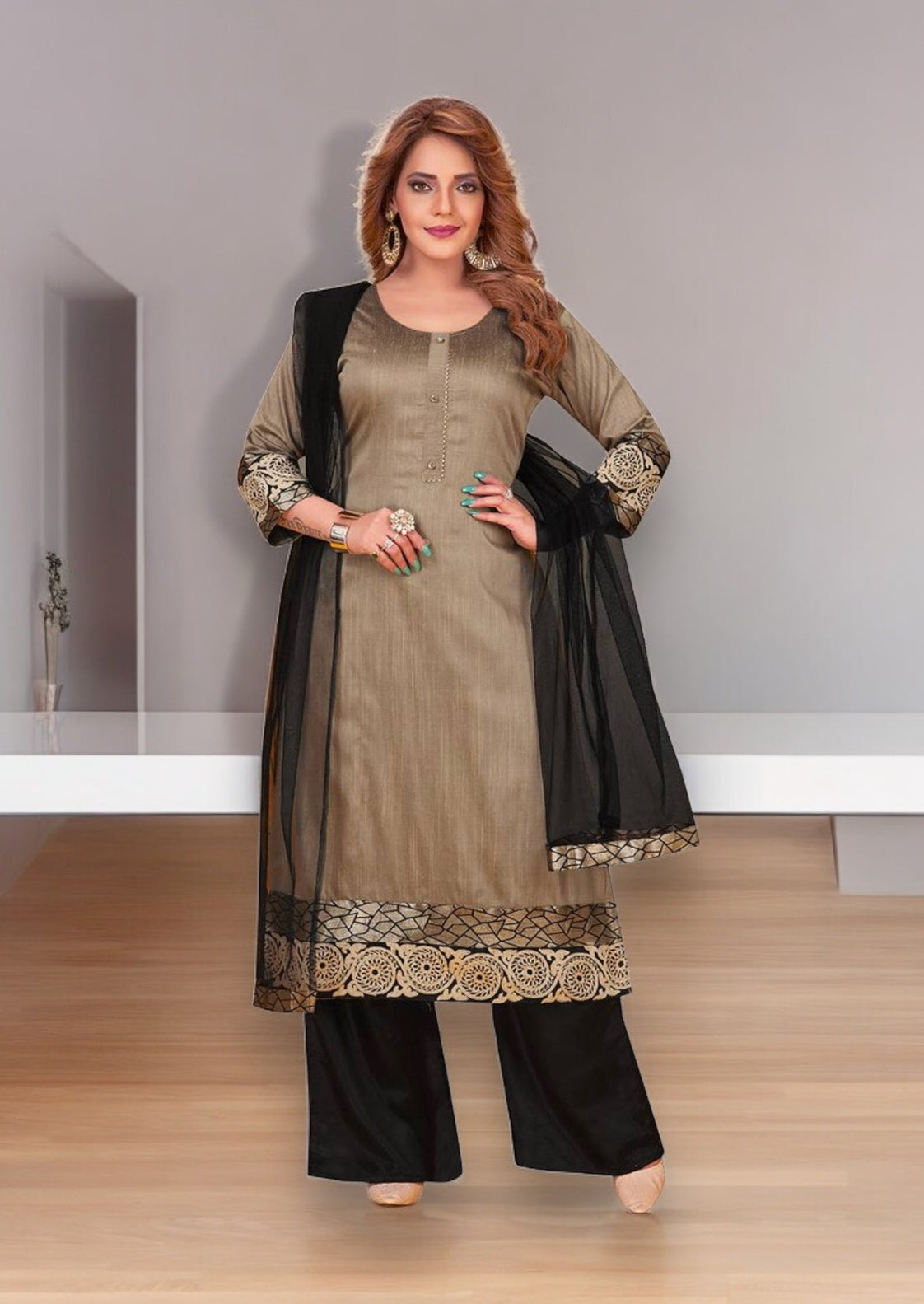 Stylish gray N F Churidar casual wear Salwar Kameez by Saree Ghor Charlotte, featuring a traditional design with a modern touch.