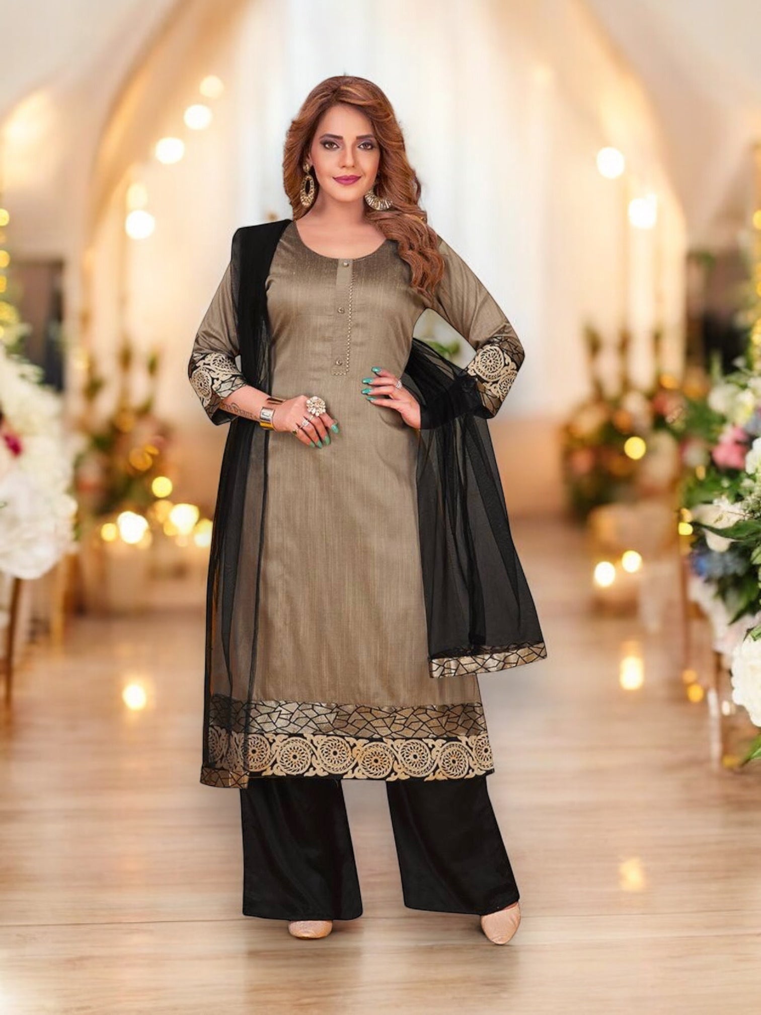 Stylish gray N F churidar casual wear salwar kameez by Saree Ghor Charlotte with intricate design and comfortable fit.
