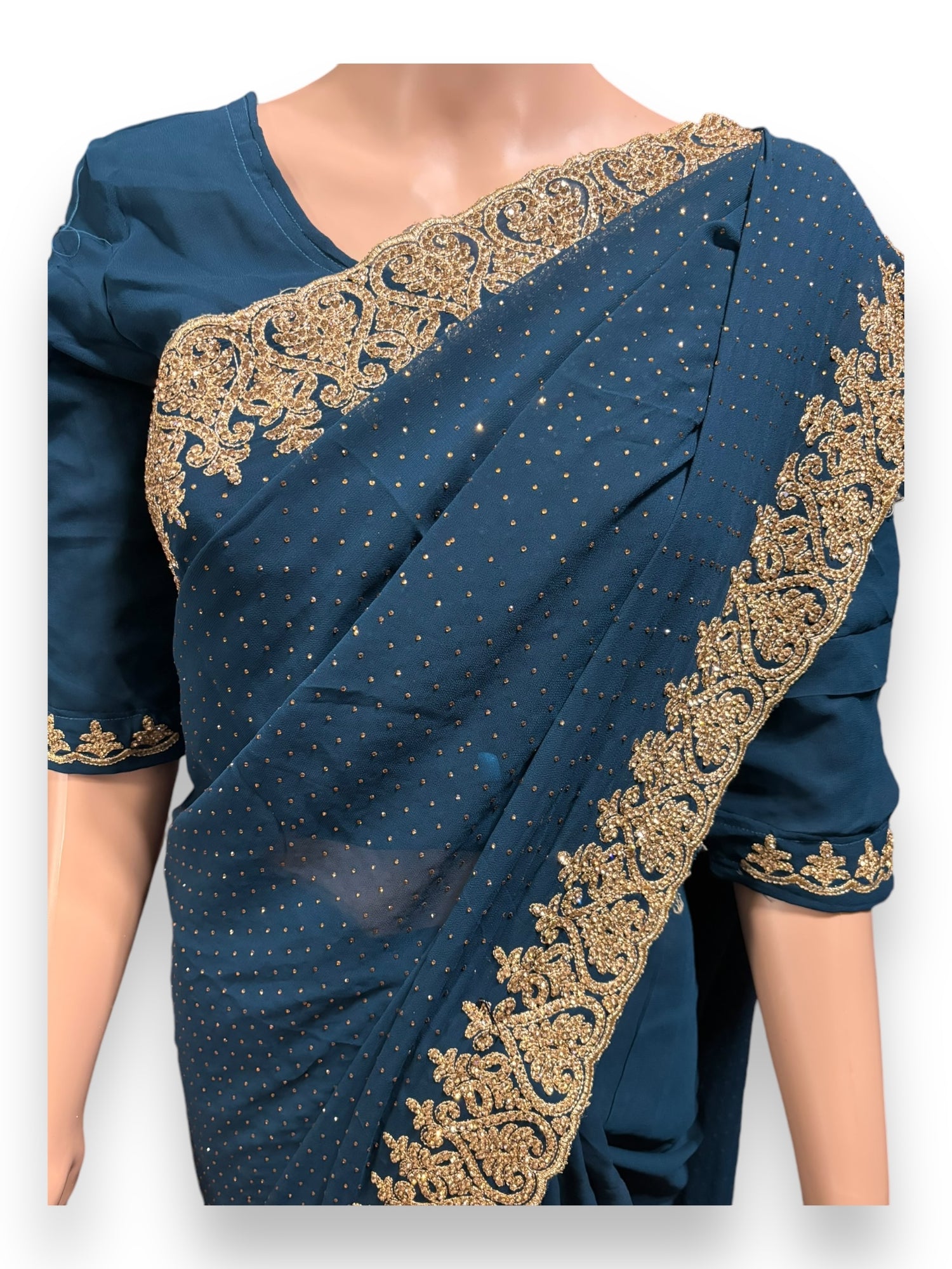 Blue Party Wear Stonework Saree with Ready Blouse - 022 - Saree Ghor Charlotte
