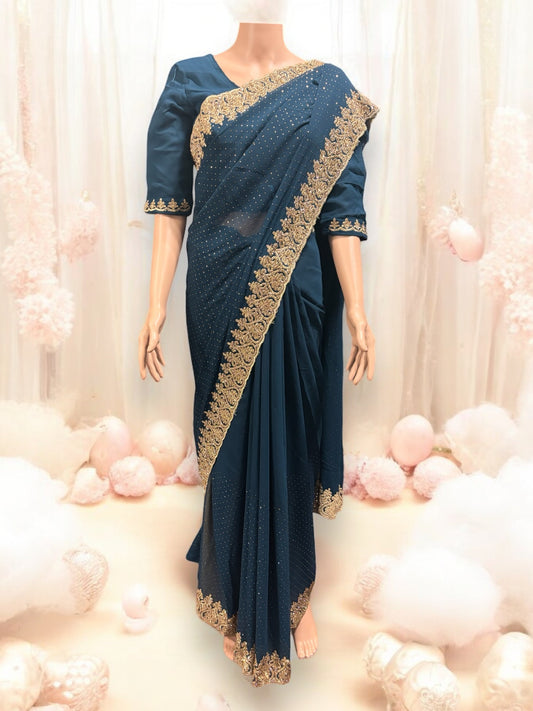 Blue Party Wear Stonework Saree with Ready Blouse - 022 - Saree Ghor Charlotte