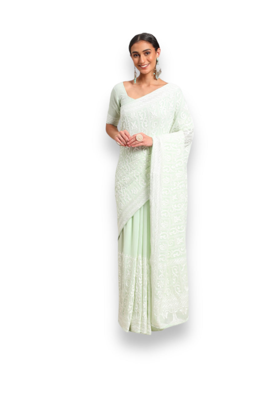 Georgette Embroidered Saree with Ready Blouse, Cultural Wear for Women - Saree Ghor Charlotte