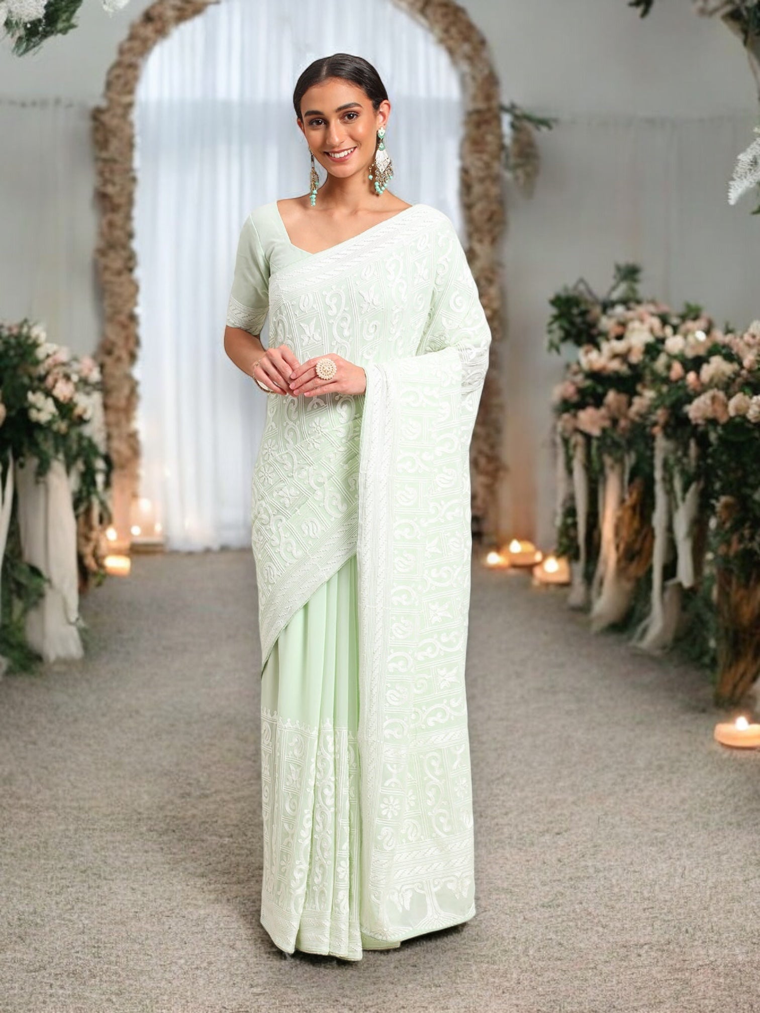 Georgette Embroidered Saree with Ready Blouse, Cultural Wear for Women - Saree Ghor Charlotte