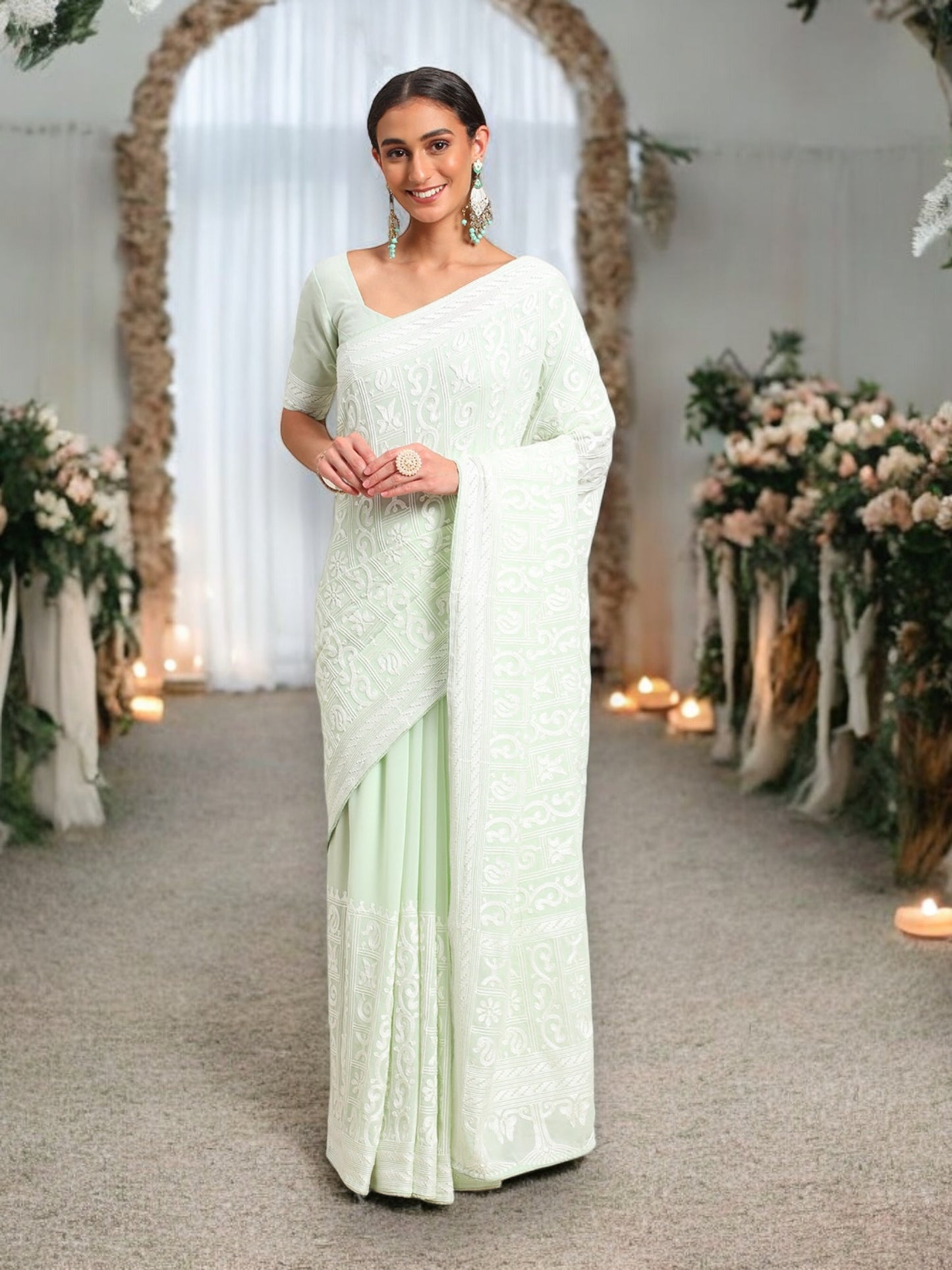 Georgette Embroidered Saree with Ready Blouse- Ethnic Wear for Women - Saree Ghor Charlotte